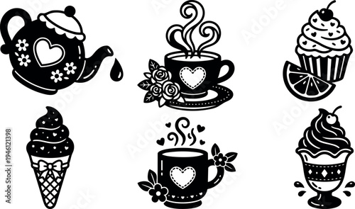 Black and white vector art tea pot dripping cup with steam heart flowers cupcake lemon cone ice cream sundae dessert elegant design