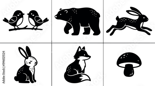 Minimalist black and white vector art collection of woodland animals including birds bear rabbit fox and mushroom silhouette set