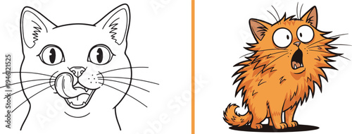 Split vector panel featuring a calm line-art cat licking its lips on the left and a frantic, wide-eyed orange tabby looking shocked on the right.