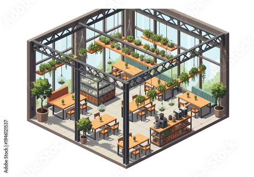 Isometric view of a modern greenhouse cafe with lush plants and seating areas for customers