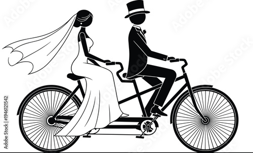 Elegant Wedding Silhouette Illustration Featuring A Bride And Groom Riding A Tandem Bicycle For Romantic Marriage Celebration And Invitation Designs