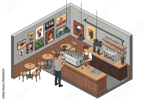 Isometric view of a cozy coffee shop interior, showcasing baristas serving customers at the counter and patrons enjoying drinks at tables