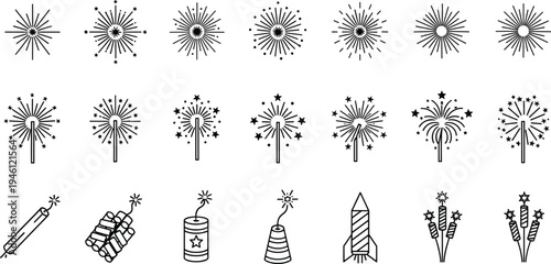 Extensive Collection Of Festive Firework And Pyrotechnics Line Icons Featuring Rockets Sparklers And Explosion Symbols For New Year Celebration Designs