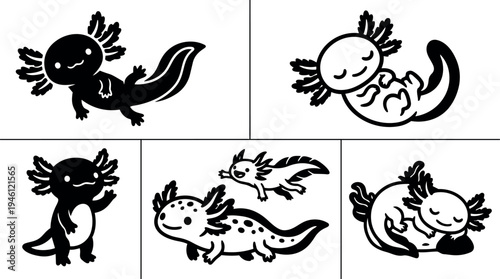 Cute black and white axolotl vector art set showing various poses including swimming standing and sleeping illustrated in simple bold lines