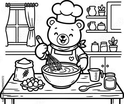 Cute bear chef whisking batter in bowl on wooden kitchen counter with eggs flour and jars black and white vector art