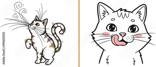 Cute vector illustrations of a tabby cat sniffing the air and a white kitten licking its lips, showcasing feline curiosity and hunger in a playful, cartoon style.