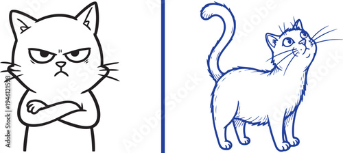 Split-panel vector featuring a grumpy, arms-crossed cartoon cat on the left and a curious, blue-outlined cat looking up on the right.
