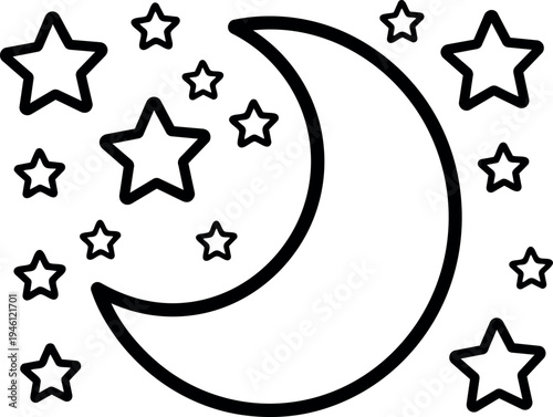 Minimalist black outline crescent moon surrounded by various sized stars simple celestial vector art
