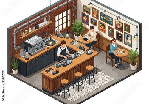 Cozy Coffee Shop Interior with Patrons and Barista