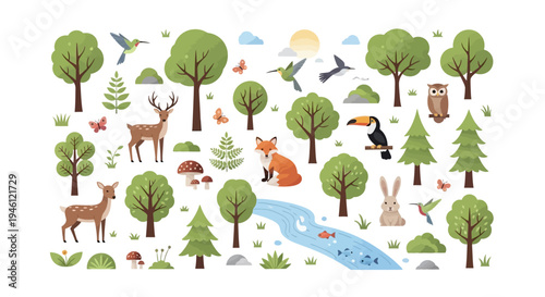 Vector illustration of a vibrant forest ecosystem with various animals, trees, and plants, promoting conservation and a green environment concept
