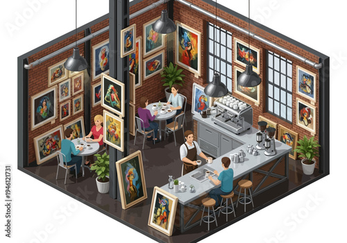 Art gallery cafe interior isometric view with people enjoying coffee and viewing paintings on the walls