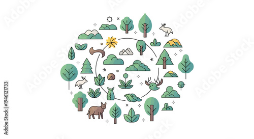 An illustration of a forest ecosystem with various trees, plants, and animals, symbolizing conservation and ecology on International Day of Forests