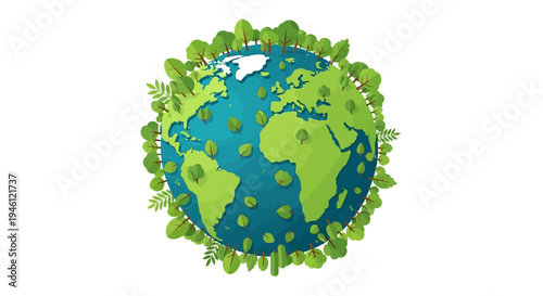 Illustration of a green globe surrounded by leaves and trees, symbolizing a forest conservation campaign and eco-friendly environment concept