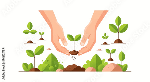 Illustration of hands nurturing a young plant with multiple seedlings growing around them symbolizing forest conservation and eco-friendly environment concept