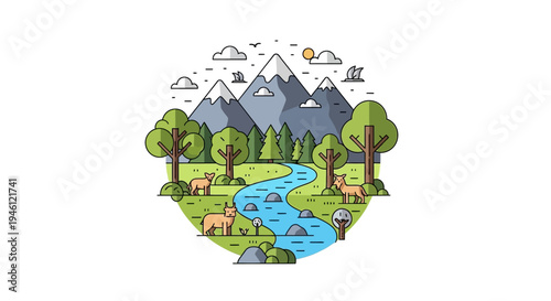 A colorful illustration of a forest ecosystem with a river, trees, animals, and mountains, promoting conservation and a green environment concept