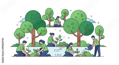 Illustration of people planting trees and participating in forest conservation efforts for the International Day of Forests with a green environment concept