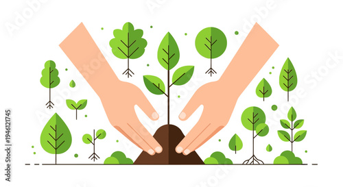 Vector illustration of two hands nurturing a young plant with multiple green leaves surrounded by various plants and leaves on a white background for International Day of Forests