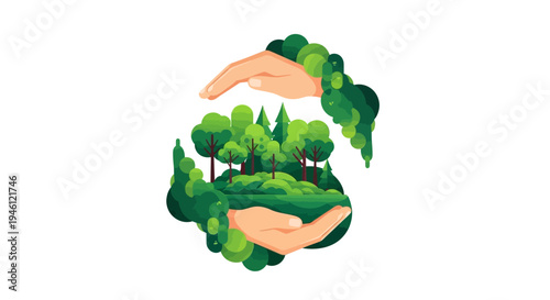 A vector illustration of a hand holding a green forest landscape with trees, symbolizing eco-friendly conservation and environmental protection on International Day of Forests