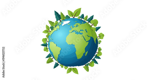 Vector illustration of a green globe surrounded by leaves symbolizing the International Day of Forests and forest conservation with a focus on ecology and a green environment concept