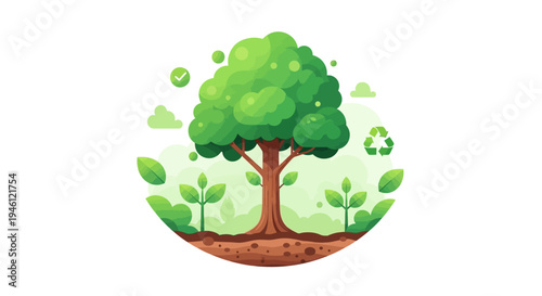 Illustration of a tree with green leaves and eco-friendly symbols for International Day of Forests and forest conservation campaign with a green environment concept