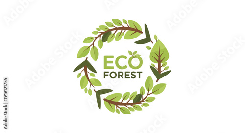 Vector illustration of a green eco forest logo with leaves forming a circle around the words 'eco forest' on a white background, symbolizing conservation and ecology