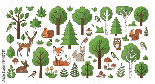 Vector illustration of a forest ecosystem with various animals, trees, and plants for International Day of Forests and forest conservation campaigns with a green environment concept