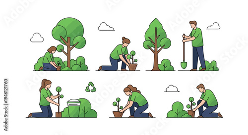 Illustration of people engaging in forest conservation activities for International Day of Forests with green environment concept