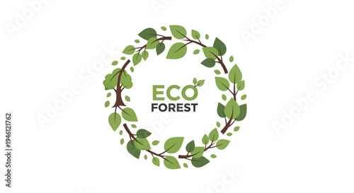 Vector illustration of an eco forest logo with green leaves and earthy tones promoting ecology and conservation on a white background