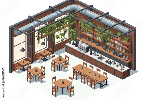 Cozy industrial-style cafe interior with abundant natural light and lush greenery