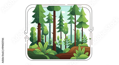 Illustration of a lush forest ecosystem with tall trees and green foliage for International Day of Forests and forest conservation campaigns