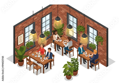 Cozy cafe interior with people enjoying meals at tables, decorated with plants and brick walls