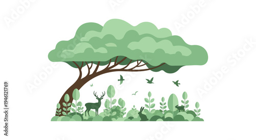 Vector illustration of a tree with lush green foliage and a deer standing underneath, surrounded by plants and birds, promoting a green environment concept for forest conservation