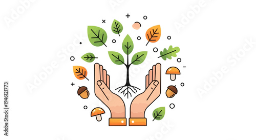 Illustration of hands cradling a growing plant surrounded by leaves, mushrooms, and eco-friendly symbols for International Day of Forests and forest conservation campaigns with a green