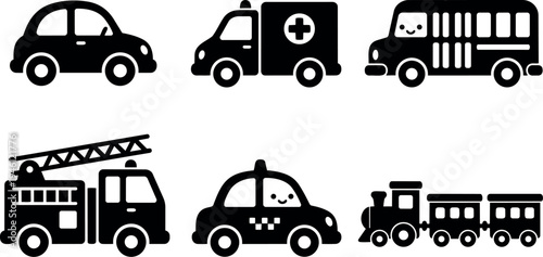 Cute smiling black silhouette car ambulance fire truck taxi school bus and train vector icons set