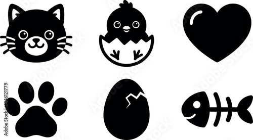 Simple black silhouette icons of cat face and chick hatching egg with heart paw print cracked egg and fish bone