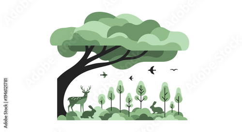 Vector illustration of a forest ecosystem with a tree, deer, birds, and plants, symbolizing conservation and ecology for the International Day of Forests