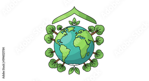 Vector illustration of a green globe surrounded by leaves and a roof for International Day of Forests and forest conservation campaigns on a white background