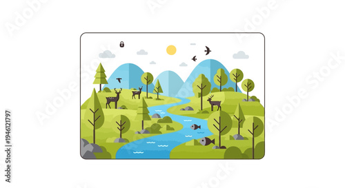 Vector illustration of a serene forest landscape with a river, animals, and trees, promoting conservation and ecology on International Day of Forests with a green environment concept