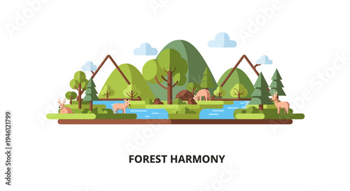 Vector illustration of a serene forest ecosystem with trees, animals, and a house, promoting eco-friendly forest conservation on International Day of Forests