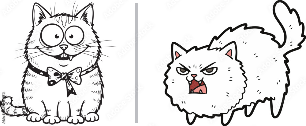 Εκτύπωση καμβά Cartoon vector of two cats: one goofy and smiling with a bow tie, the other grumpy and arched with fluffy fur