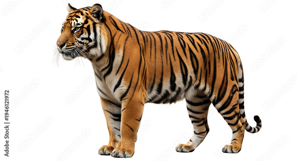Obraz premium Sumatran tiger with dense striped coat and muscular build in studio wildlife photography. Isolated on White background