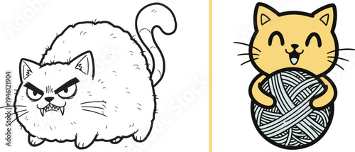 A contrast of two feline moods: a fluffy, grumpy black and white cat with fangs, and a cheerful yellow kitten happily hugging a large ball of yarn. Fun vector character art.