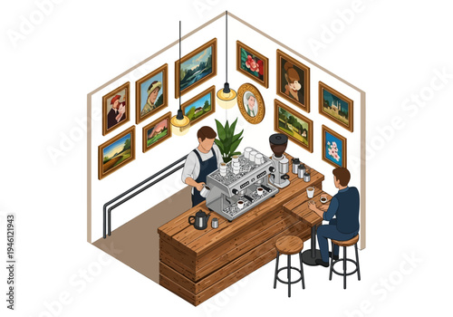 Cozy coffee shop interior with barista serving customer at the counter surrounded by artwork on the walls, isometric view
