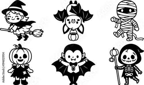 Cute halloween cartoon characters witch flying bat vampire pumpkin headed figure mummy wrapped in bandages and grim reaper with scythe vector art