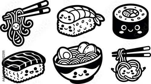 Cute kawaii style smiling sushi and noodle vector icons with chopsticks friendly face black and white line art set
