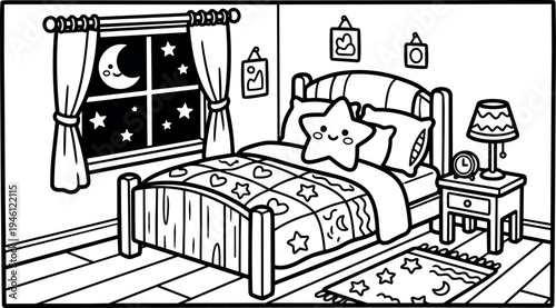 Black and white line art cozy childrens bedroom with smiling star pillow moon stars visible through window