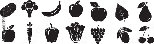 Silhouette of various fruits in black on white background