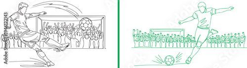 Two-panel vector line art showing a soccer player kicking a ball toward the goal and a green outline of a player dribbling, both set against a stadium backdrop with cheering fans.