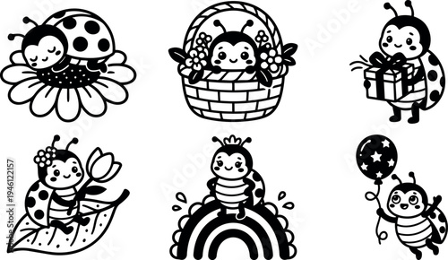 Cute cartoon ladybugs sleeping holding gift flower on leaf sitting in basket playing with balloon vector art