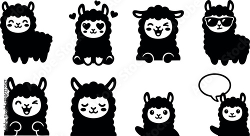 Cute black silhouette cartoon alpaca faces with various expressions hearts sunglasses and speech bubble vector set